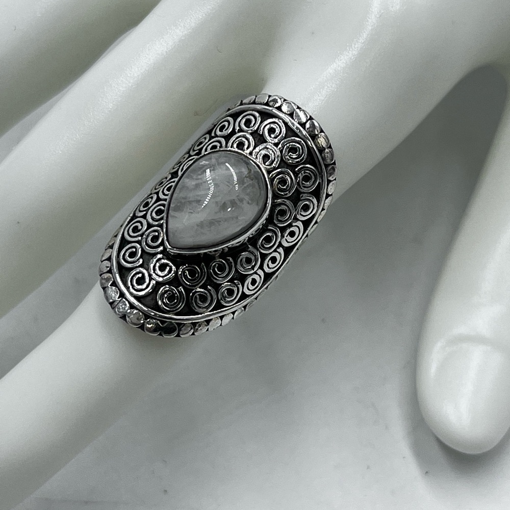 Sterling Silver Teardrop Moonstone Ring Sz 7.5 intricate Swirl scrolls work